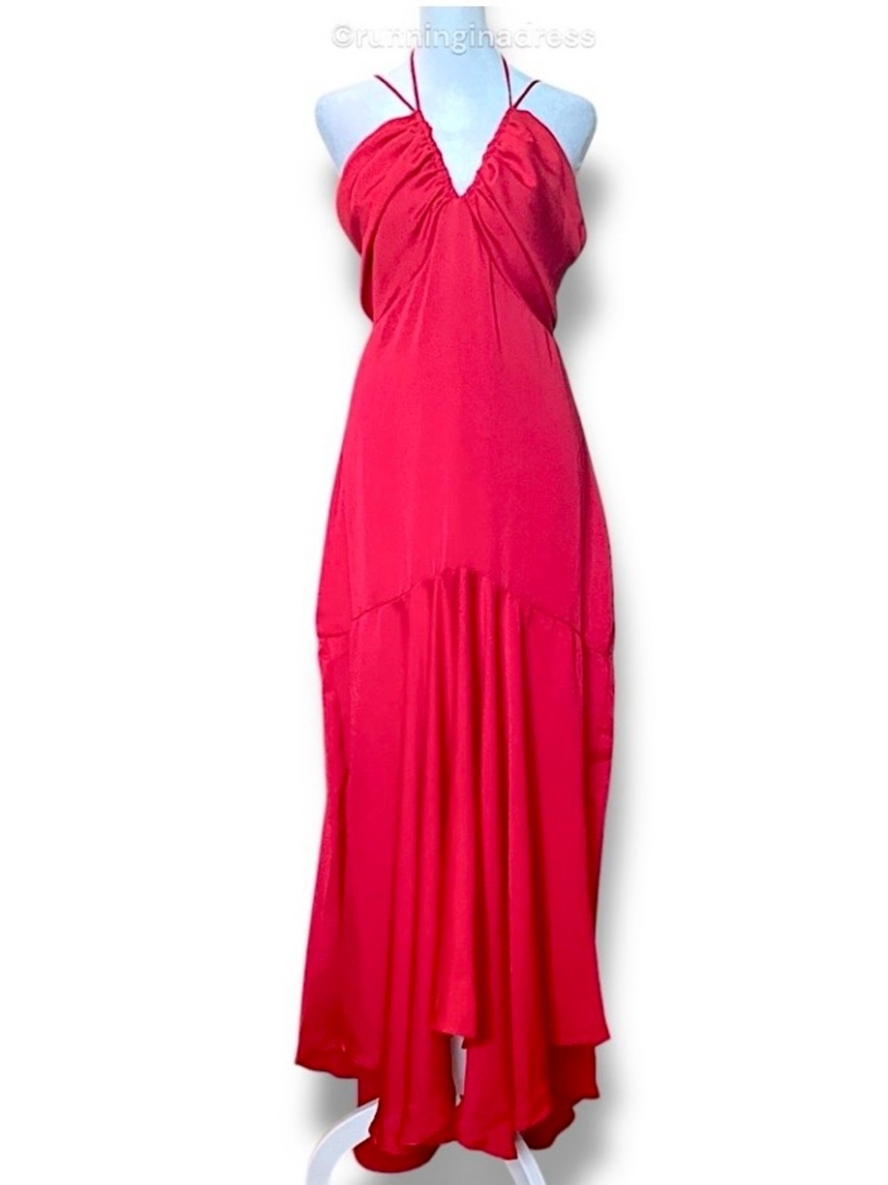 Free People X DELFI Dia Red Satin Halter Drop Waist Retro Midi Dress Size L NWOT - Picture 6 of 13